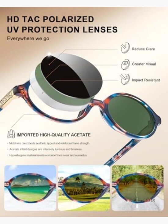 Vintage Oval Acetate Sunglasses UV Protection Polarized Lens Retro main image 4